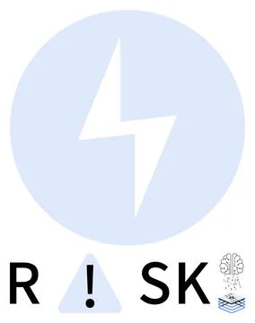 Risk concept with exclamation point in triangle, lightning bolt, brain, and Stock Illustration