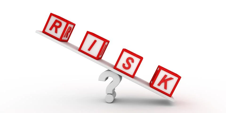 Risk cubes balancing on question. 3D rendering. Stock Illustration