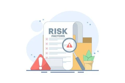 Risk Factor Analysis Concept, Document with Magnifying Glass and Warning Sign. 库存插图