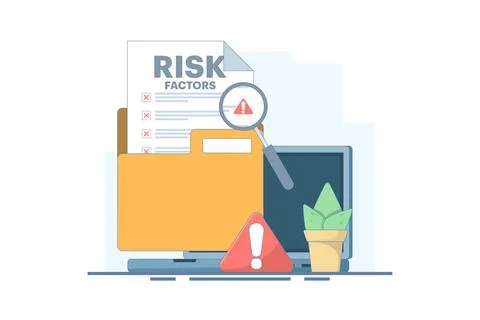 Risk Factor Analysis Concept, Document with Magnifying Glass and Warning Sign. Stock Illustration