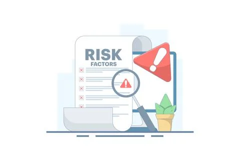 Risk Factor Analysis Concept, Document with Magnifying Glass and Warning Sign. Illustrazione stock