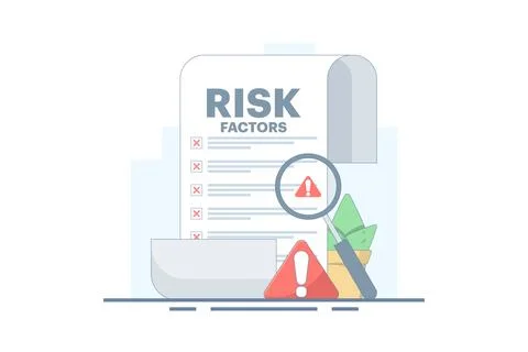 Risk Factor Analysis Concept, Document with Magnifying Glass and Warning Sign. Stock Illustration
