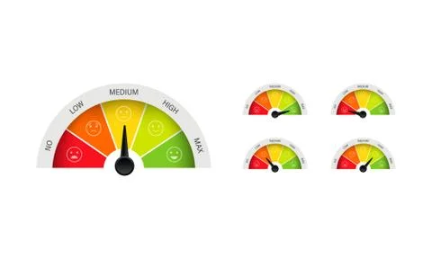 Risk icon on speedometer. Low, medium and high level risk. Vector on isolated Stock Illustration