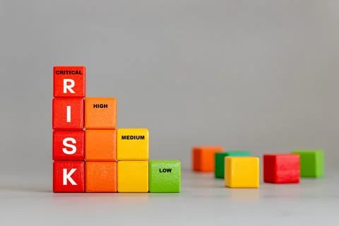 Risk Level. Critical, High, Medium and Low.  Stock Photos