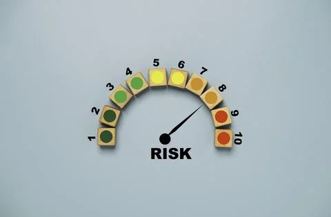 Risk level indicator rating print screen wooden cube block since low to hig.. Stock Photos