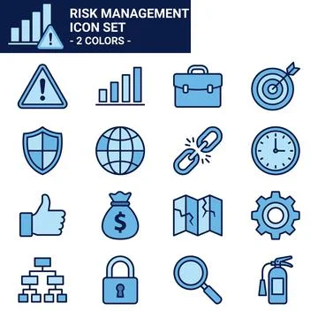 Risk management icon set with blue and light blue symbols for business stra.. Stock Illustration