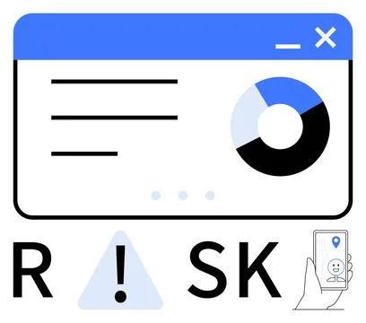 Risk management interface with pie chart and warning alert icon. Hand holding Stock Illustration