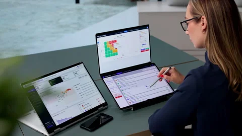Risk Manager Analyzes Compliance Data On Dual-screen Laptop Stock Footage 338170347