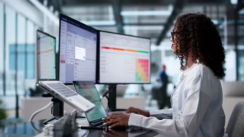Risk Manager Reviews Supplier Security Scores Using Dual Screens Stock Footage 339189631