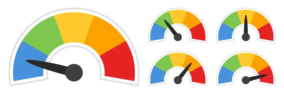 Risk meter icon set collection in flat style. High, low, medium level vecto.. Stock Illustration