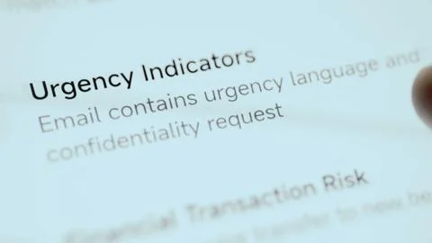 Risk panel identifies urgency language and a confidentiality request as Stock Photos