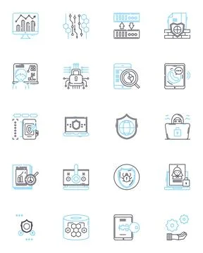 Risk security linear icons set. Vulnerability, Threat, Breach, Exposure, Hack Stock Illustration
