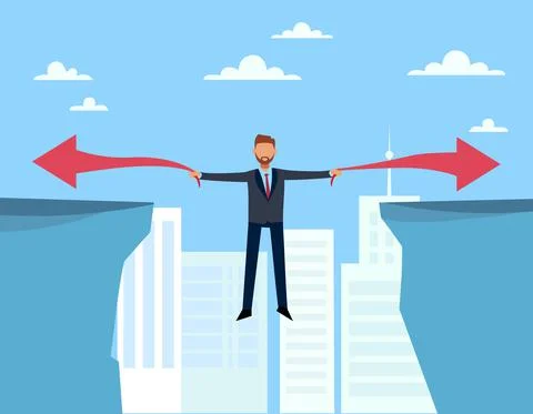Risk when choosing business. Two development paths, businessman with two arrows 스톡 일러스트