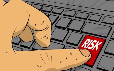 Risk word on computer keyboard. Man push keypad on laptop. Comic book style c 스톡 일러스트
