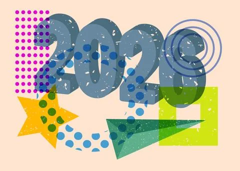 Risograph 2026 with geometric shapes. Objects in trendy riso graph print te.. Illustration