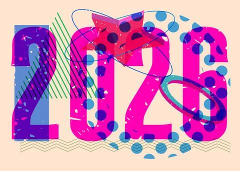 Risograph 2026 with geometric shapes. Objects in trendy riso graph print te.. Stock Illustration