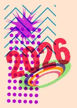 Risograph 2026 with geometric shapes. Objects in trendy riso graph print te.. Illustrazione stock