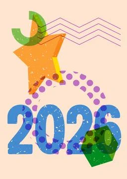 Risograph 2026 with geometric shapes. Objects in trendy riso graph print te.. Illustrazione stock