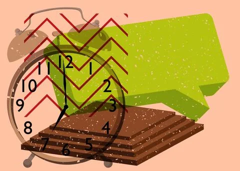 Risograph Alarm Clock with speech bubble with geometric shapes. Objects in .. Illustrazione stock