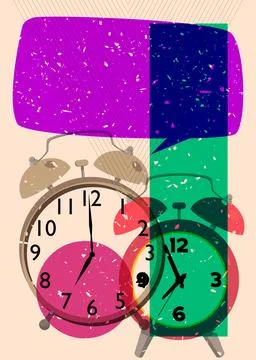 Risograph Alarm Clock with speech bubble with geometric shapes. Objects in .. Stock Illustration