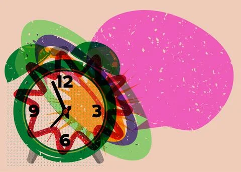 Risograph Alarm Clock with speech bubble with geometric shapes. Objects in .. Illustrazione stock