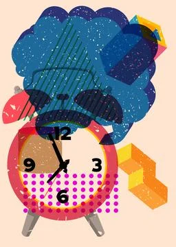 Risograph Alarm Clock with speech bubble with geometric shapes. Objects in .. Illustrazione stock