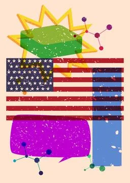 Risograph American Flag with speech bubble with geometric shapes. Objects i.. Stock Illustration
