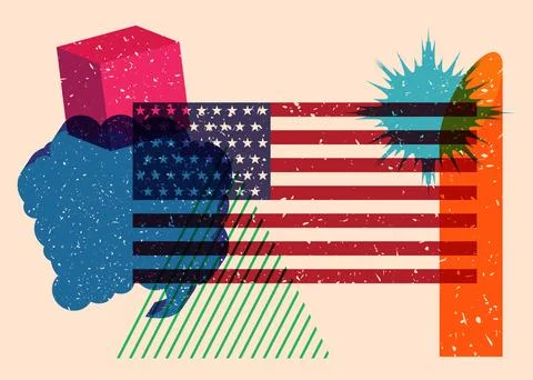 Risograph American Flag with speech bubble with geometric shapes. Objects i.. Stock Illustration