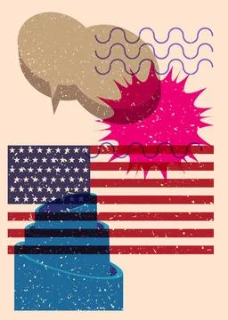 Risograph American Flag with speech bubble with geometric shapes. Objects i.. Stock Illustration