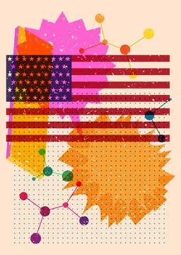 Risograph American Flag with speech bubble with geometric shapes. Objects i.. Stock Illustration
