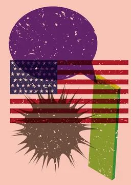 Risograph American Flag with speech bubble with geometric shapes. Objects i.. Stock Illustration