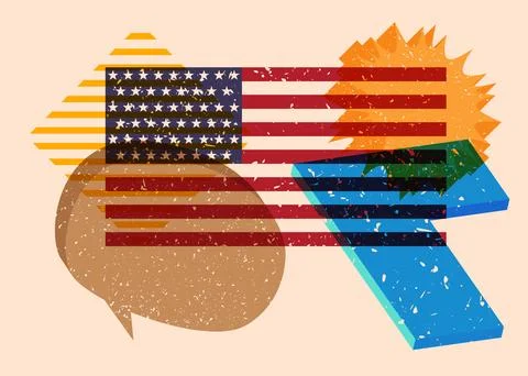 Risograph American Flag with speech bubble with geometric shapes. Objects i.. Stock Illustration