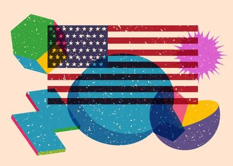 Risograph American Flag with speech bubble with geometric shapes. Objects i.. Stock Illustration