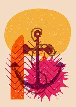 Risograph Anchor and speech bubble with geometric shapes. Nautical Object i.. Stock Illustration