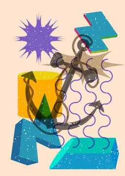 Risograph Anchor with geometric shapes. Objects in trendy riso graph print .. Illustrazione stock