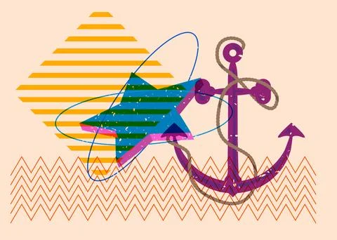 Risograph Anchor with geometric shapes. Objects in trendy riso graph print .. 库存插图