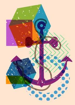 Risograph Anchor with geometric shapes. Objects in trendy riso graph print .. Illustrazione stock