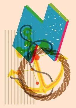 Risograph Anchor with geometric shapes. Objects in trendy riso graph print .. Illustrazione stock
