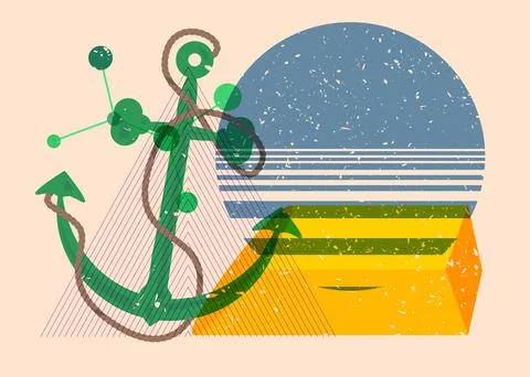 Risograph Anchor with geometric shapes. Objects in trendy riso graph print .. 库存插图
