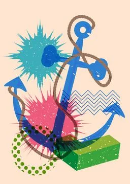 Risograph Anchor with geometric shapes. Objects in trendy riso graph print .. Illustrazione stock