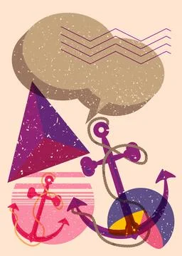Risograph Anchor with speech bubble with geometric shapes. Objects in trend.. 库存插图