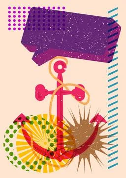 Risograph Anchor with speech bubble with geometric shapes. Objects in trend.. 库存插图