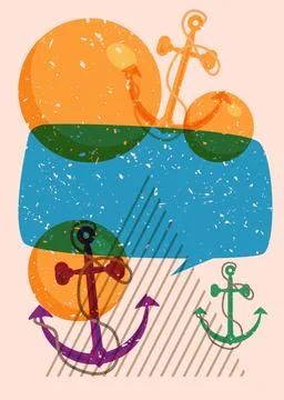 Risograph Anchor with speech bubble with geometric shapes. Objects in trend.. 库存插图