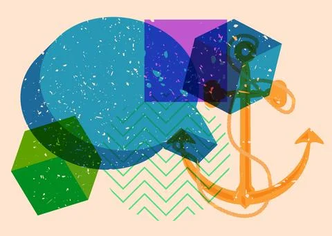 Risograph Anchor with speech bubble with geometric shapes. Objects in trend.. 库存插图