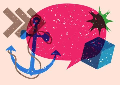 Risograph Anchor with speech bubble with geometric shapes. Objects in trend.. Illustrazione stock