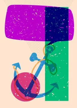 Risograph Anchor with speech bubble with geometric shapes. Objects in trend.. 库存插图