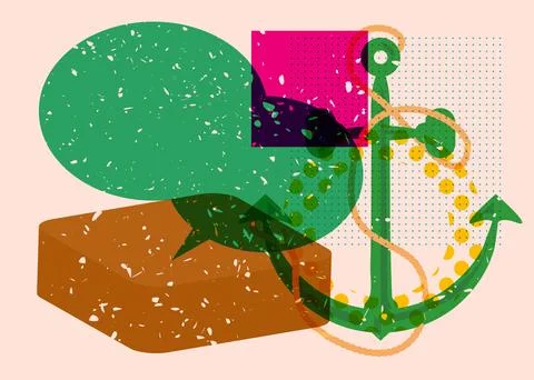 Risograph Anchor with speech bubble with geometric shapes. Objects in trend.. Stock Illustration