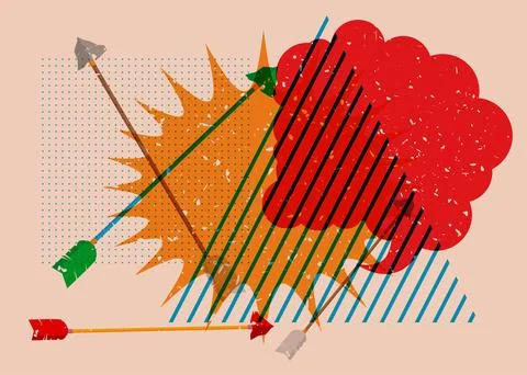 Risograph Ancient arrow with speech bubble with geometric shapes. Objects i.. Stock Illustration