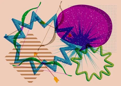 Risograph Ancient arrow with speech bubble with geometric shapes. Objects i.. Stock Illustration