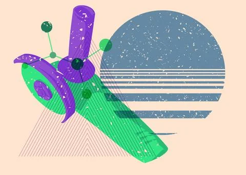 Risograph Angle grinder with geometric shapes. Objects in trendy riso graph.. 스톡 일러스트